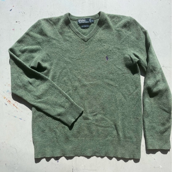 Men's Polo Ralph Lauren Sweatshirt Green Pony L V-Neck Wool Preppy Dad Classic - Picture 4 of 12